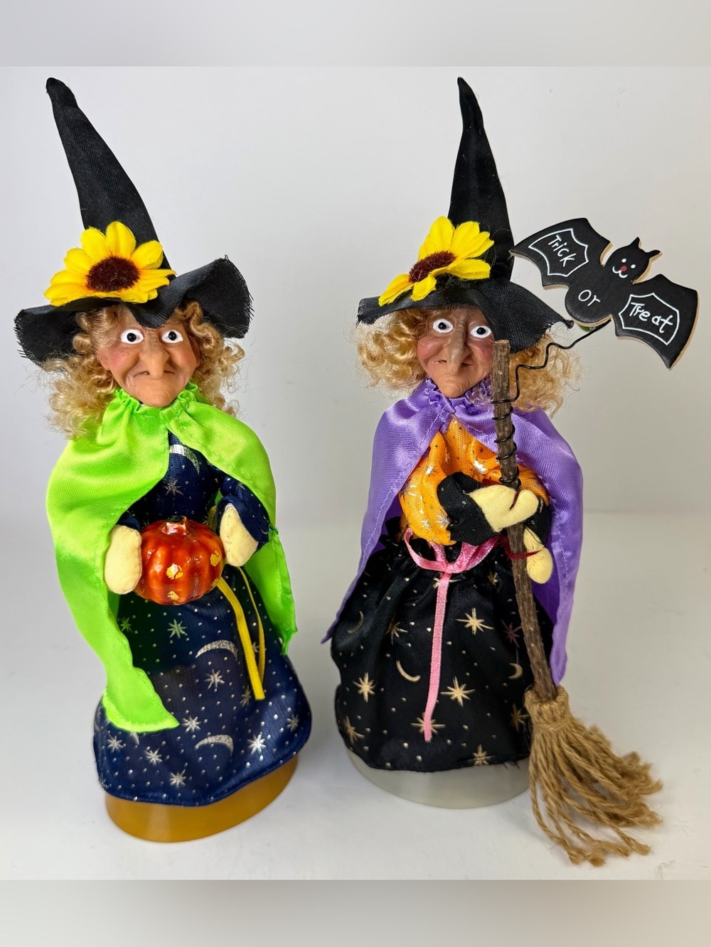 Vintage Folk Art Halloween Witch Dolls Pair 12” Handmade Primitive Pumpkin Broom